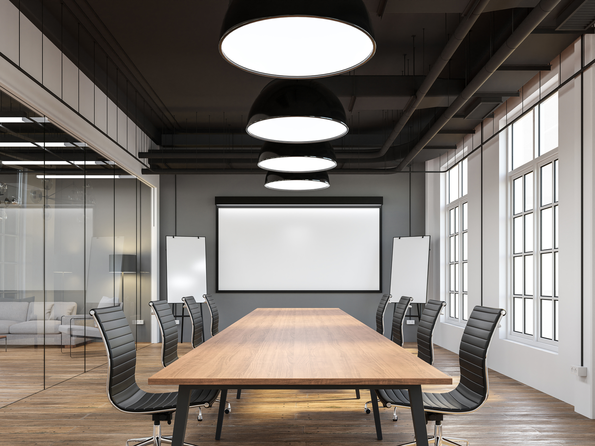 Modern loft style meeting room 3d render.There are white and gray wall,old wood floor,black ceiling with building system pipe.