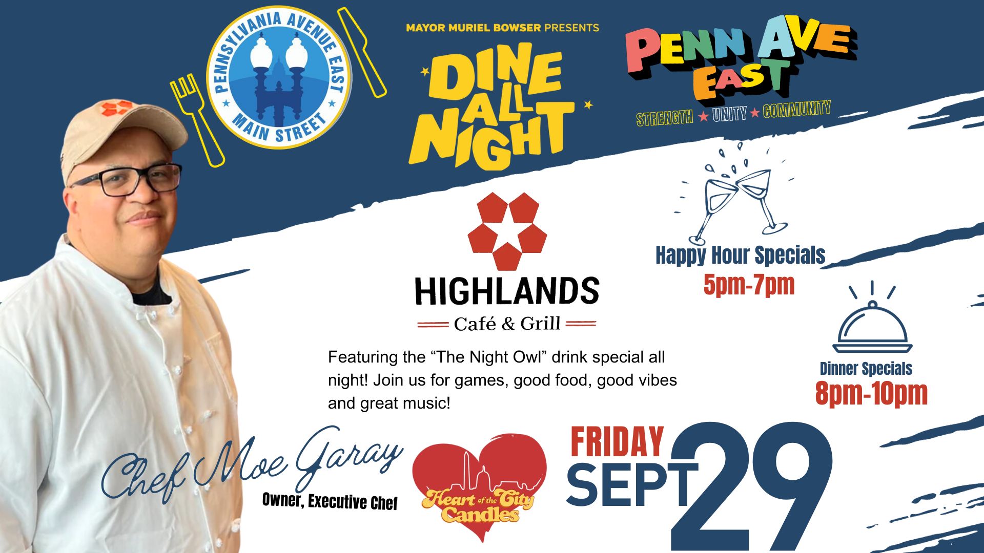 PAEMS presents Dine All Night @HIghlands Cafe and Grill on Friday Sept 29th